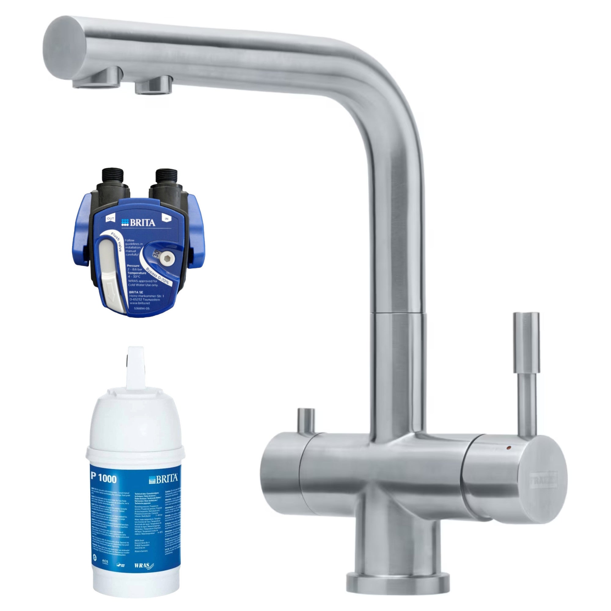 Franke Wellfresh 110 - 3-Wege-Wasserhahn L-Auslauf Edelstahl Massiv + Britafilter P1000 - Osmoseanlage-kaufen.de