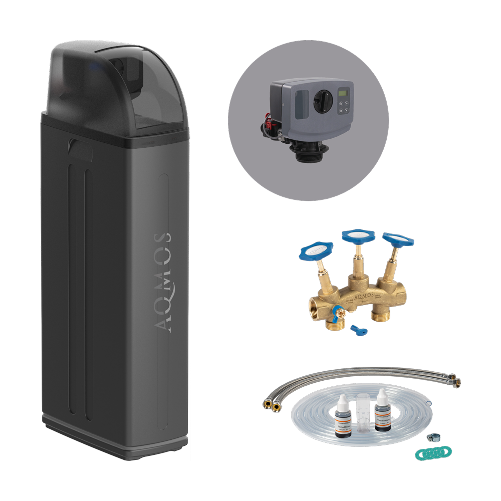 Aqmos Wasserenthärtungsanlage R2D2-72 BLACK EDITION mit Anschlussset und Montageblock | Bis 7 Personen