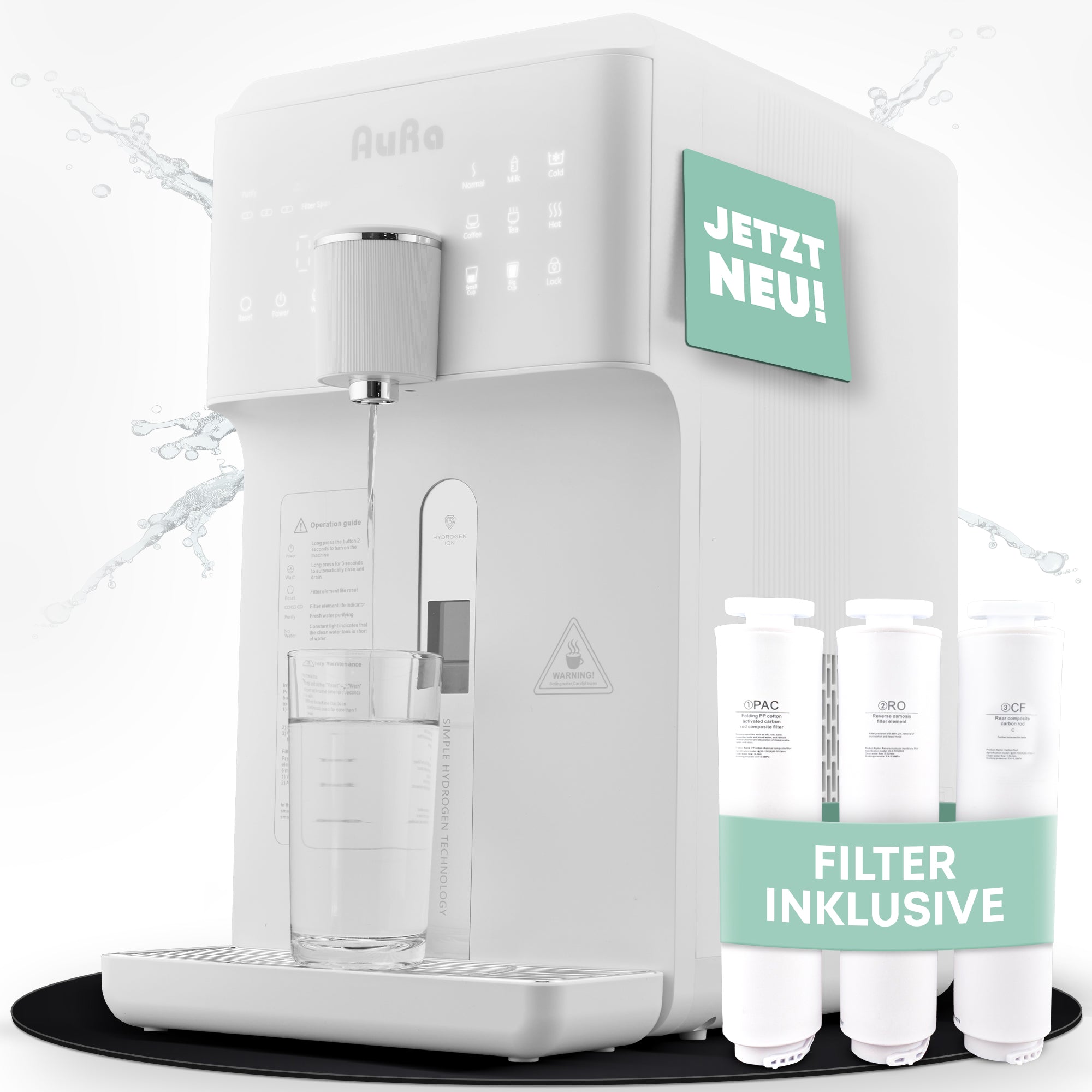 AURA W23 | Auftisch-Umkehrosmoseanlage mit Wasserstoff-Ionisator und Heißwasserfunktion | Mit Festwasseranschluss | Weiß und Schwarz - Osmoseanlage-kaufen.de