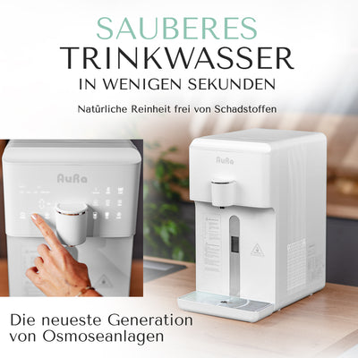 AURA W23 | Auftisch-Umkehrosmoseanlage mit Wasserstoff-Ionisator und Heißwasserfunktion | Mit Festwasseranschluss | Weiß und Schwarz - Osmoseanlage-kaufen.de