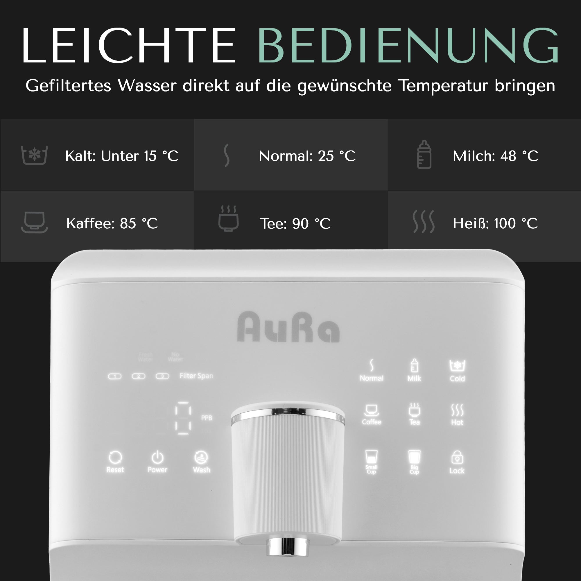 AURA W23 | Auftisch-Umkehrosmoseanlage mit Wasserstoff-Ionisator und Heißwasserfunktion | Mit Festwasseranschluss | Weiß und Schwarz - Osmoseanlage-kaufen.de
