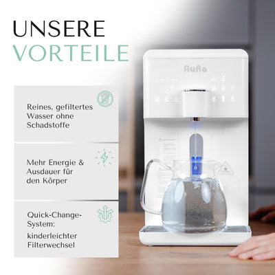 AURA W23 | Auftisch-Umkehrosmoseanlage mit Wasserstoff-Ionisator und Heißwasserfunktion | Mit Festwasseranschluss | Weiß und Schwarz - Osmoseanlage-kaufen.de