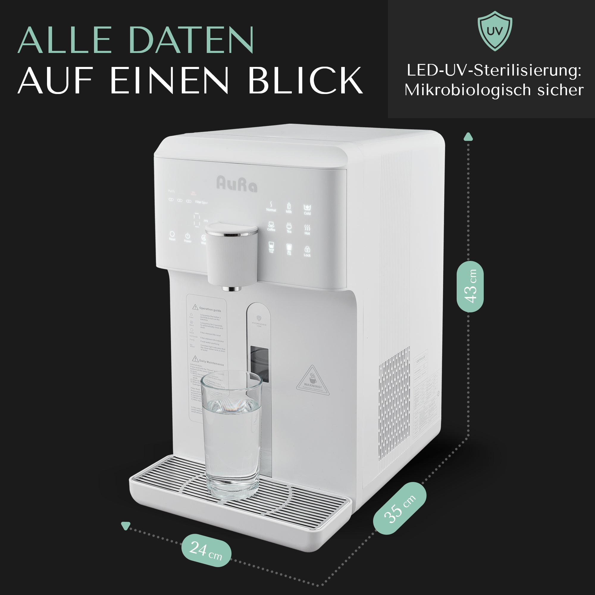 AURA W23 | Auftisch-Umkehrosmoseanlage mit Wasserstoff-Ionisator und Heißwasserfunktion | Mit Festwasseranschluss | Weiß und Schwarz - Osmoseanlage-kaufen.de