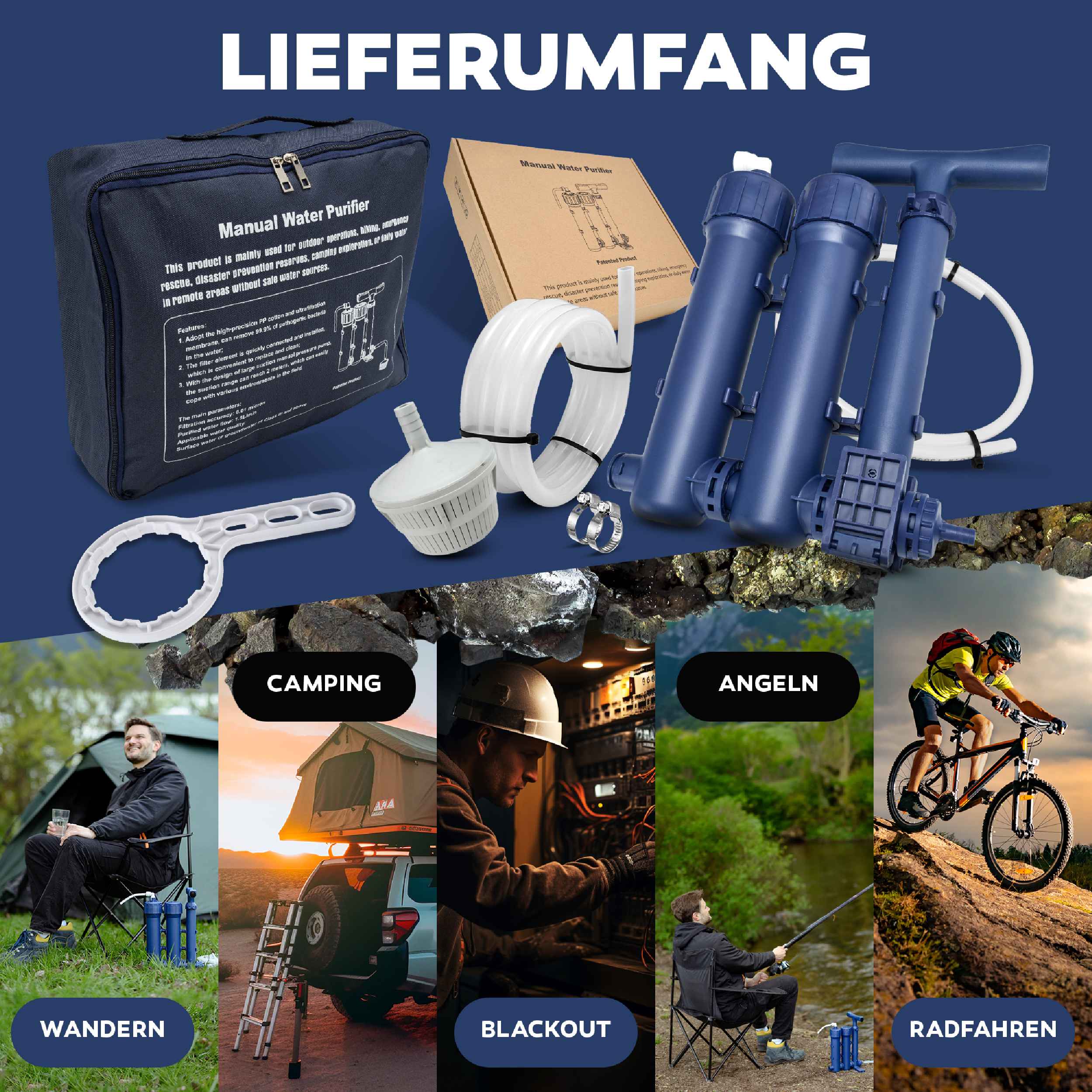 HYDROSOLVE Outdoor Tragbarer Wasserfilter Camping Notfall Wasseraufbereitungssystem mit Handpumpe Filtration für Wandern und Camping - Osmoseanlage-kaufen.de