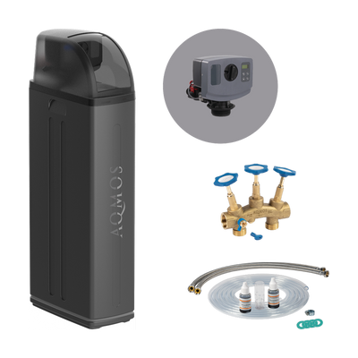 Aqmos Wasserenthärtungsanlage R2D2-72 BLACK EDITION mit Anschlussset und Montageblock | Bis 7 Personen